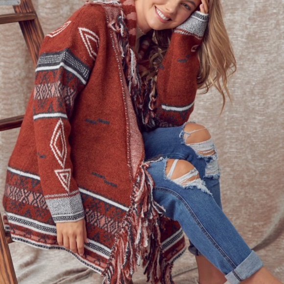 Brick Red Tribal Print Fringe Open Front Cardigan - Picture 4 of 8